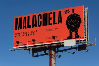 Outdoor billboard advertisement for Malachela featuring bold black text and a graphic character on a bright red background.