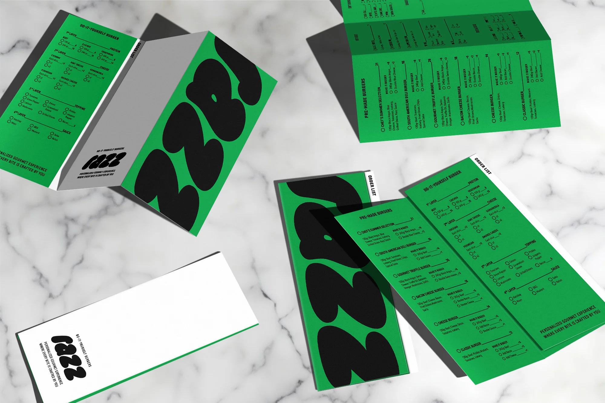 Graphic design featuring several green and white menus with the word "Jazz" in bold black letters on a marble surface.