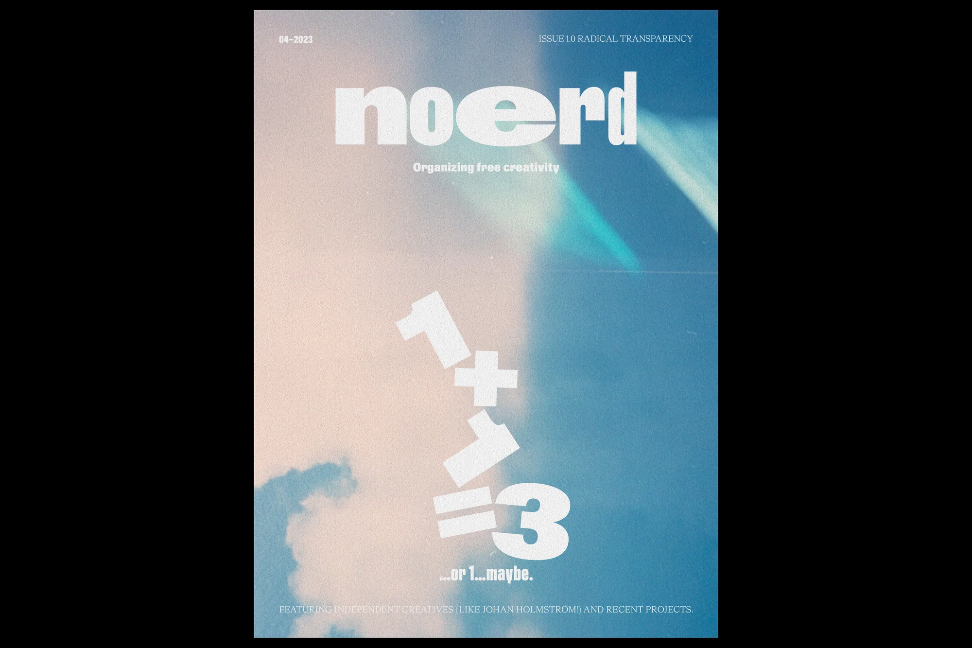 Magazine cover art featuring the title 'noerd' and a math equation set against a pastel sky background with light leaks and texture.