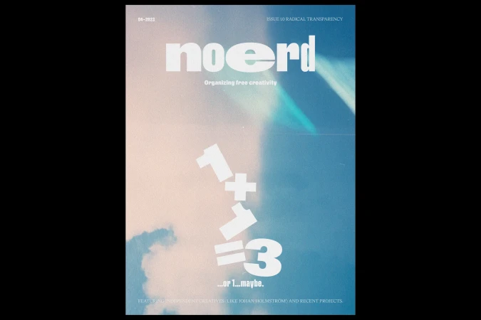Magazine cover art featuring the title 'noerd' and a math equation set against a pastel sky background with light leaks and texture.