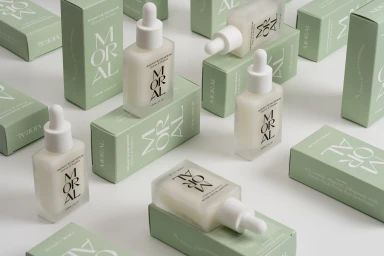 Multiple bottles of skincare serum with white droppers arranged on top of matching light green boxes on a white surface.