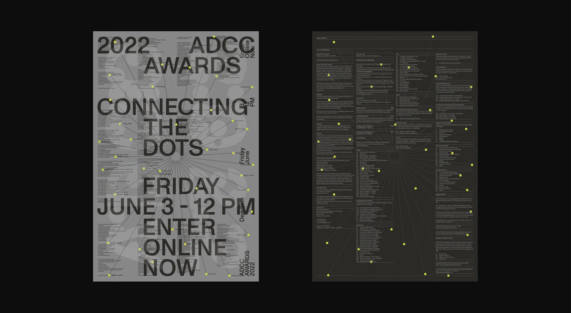 Two design posters in gray tones with yellow connecting dots and text for the 2022 ADCC Awards, including event dates and 'Enter Online Now'.