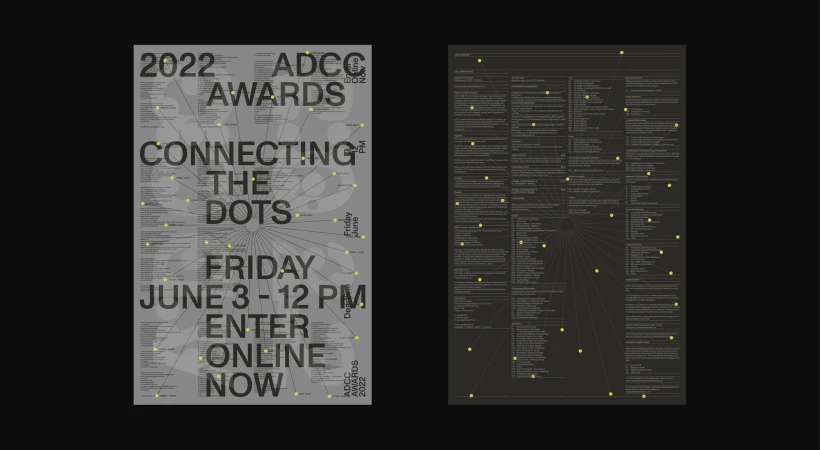 Two design posters in gray tones with yellow connecting dots and text for the 2022 ADCC Awards, including event dates and 'Enter Online Now'.