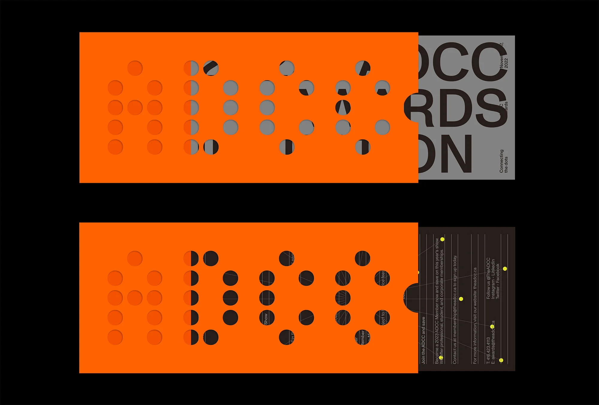 Graphic design featuring abstract typography and geometric shapes in orange, grey, and black, creating a modern, artistic presentation.
