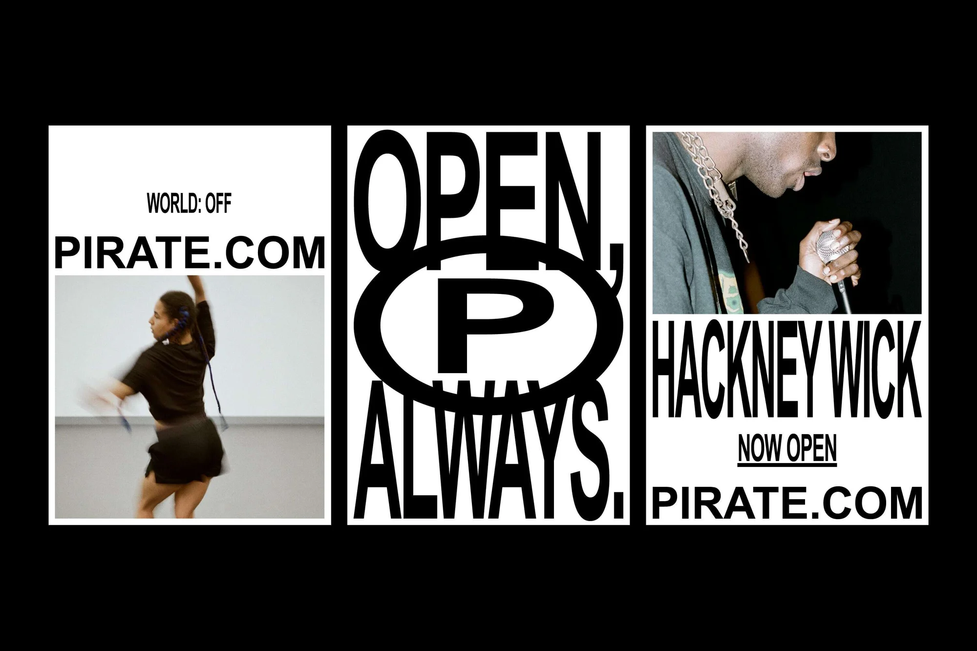 Promotional collage: female athlete jumping rope in photo studio, male singer with microphone, Pirate.com text, black and white.