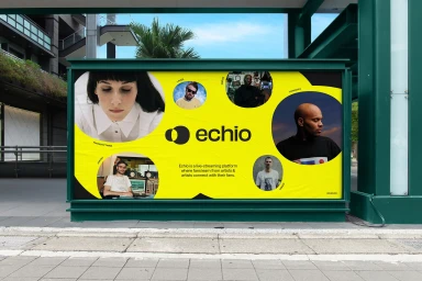 Outdoor billboard display featuring bright yellow branding with circular portrait cutouts set against green urban architecture