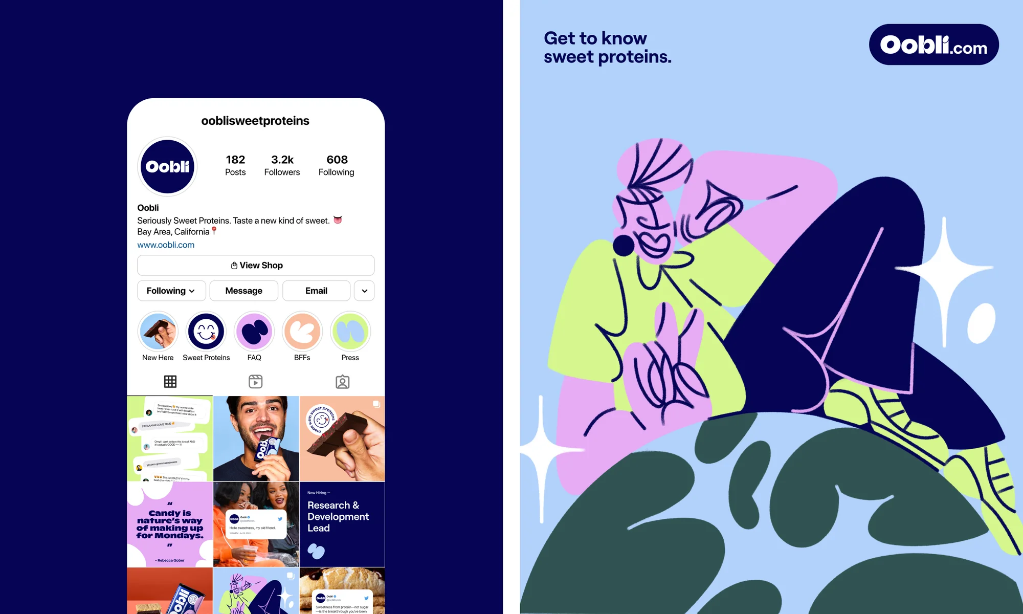 Advertisement for Oobli proteins featuring screenshots from their Instagram account and an illustration of a smiling cartoon figure.