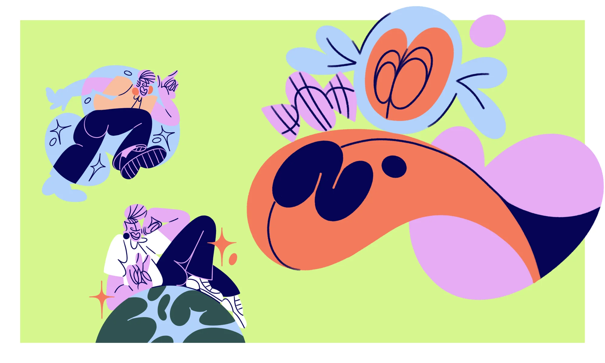 Illustration featuring two cartoon people interacting with abstract shapes in light-green background, creating a playful, colorful scene.