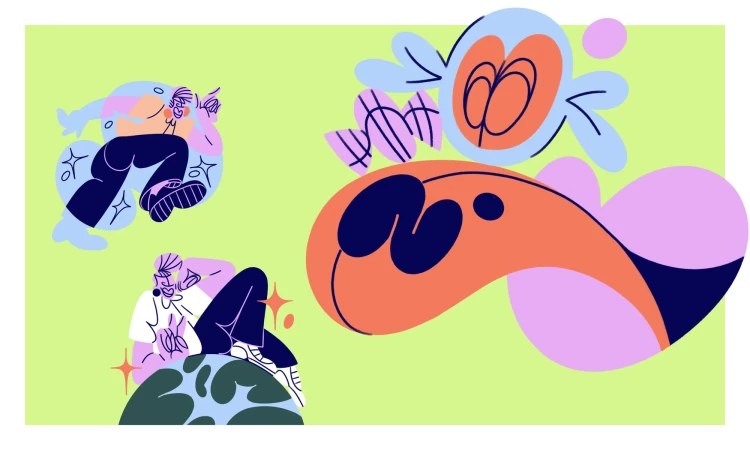 Illustration featuring two cartoon people interacting with abstract shapes in light-green background, creating a playful, colorful scene.