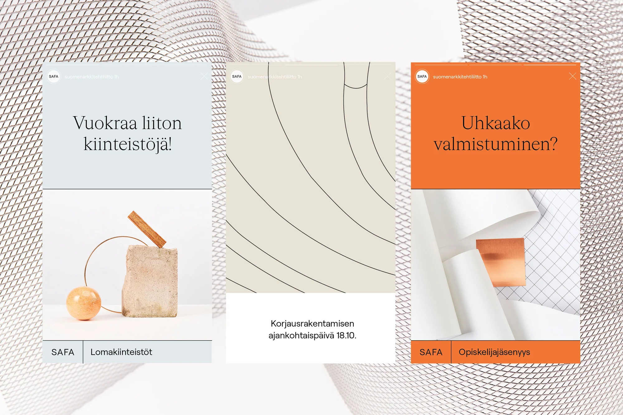 Three advertisements with text in Finnish, featuring geometric shapes and blocks of color, set against a textured white background.