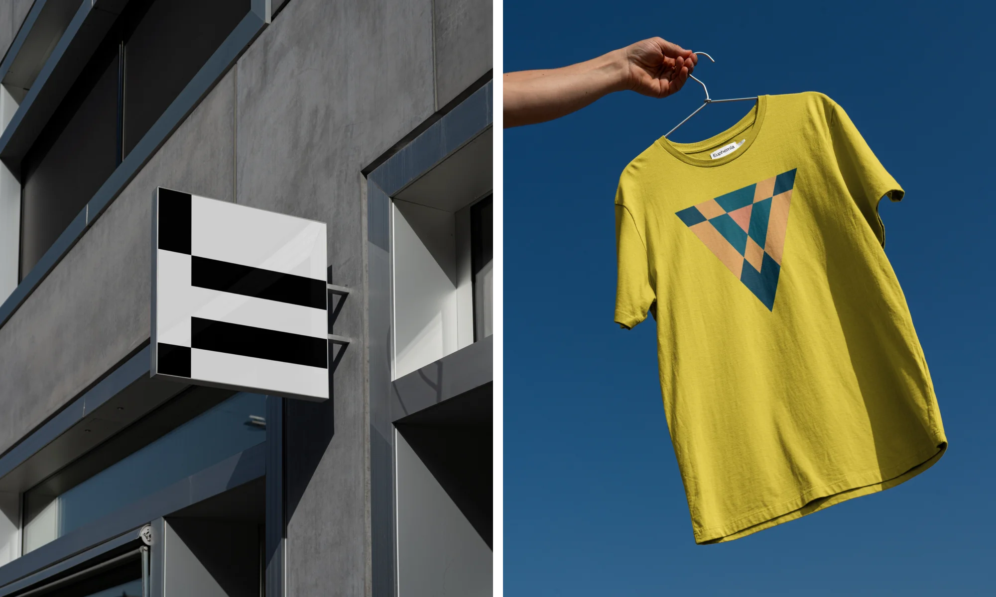 Yellow t-shirt with geometric design held up against blue sky, concrete building with geometric logo in black and white in daylight.