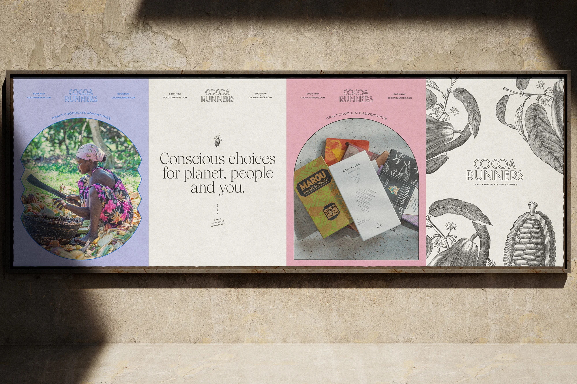 Framed wall art featuring Cocoa Runners brand imagery, including a woman processing cocoa beans and product packaging.
