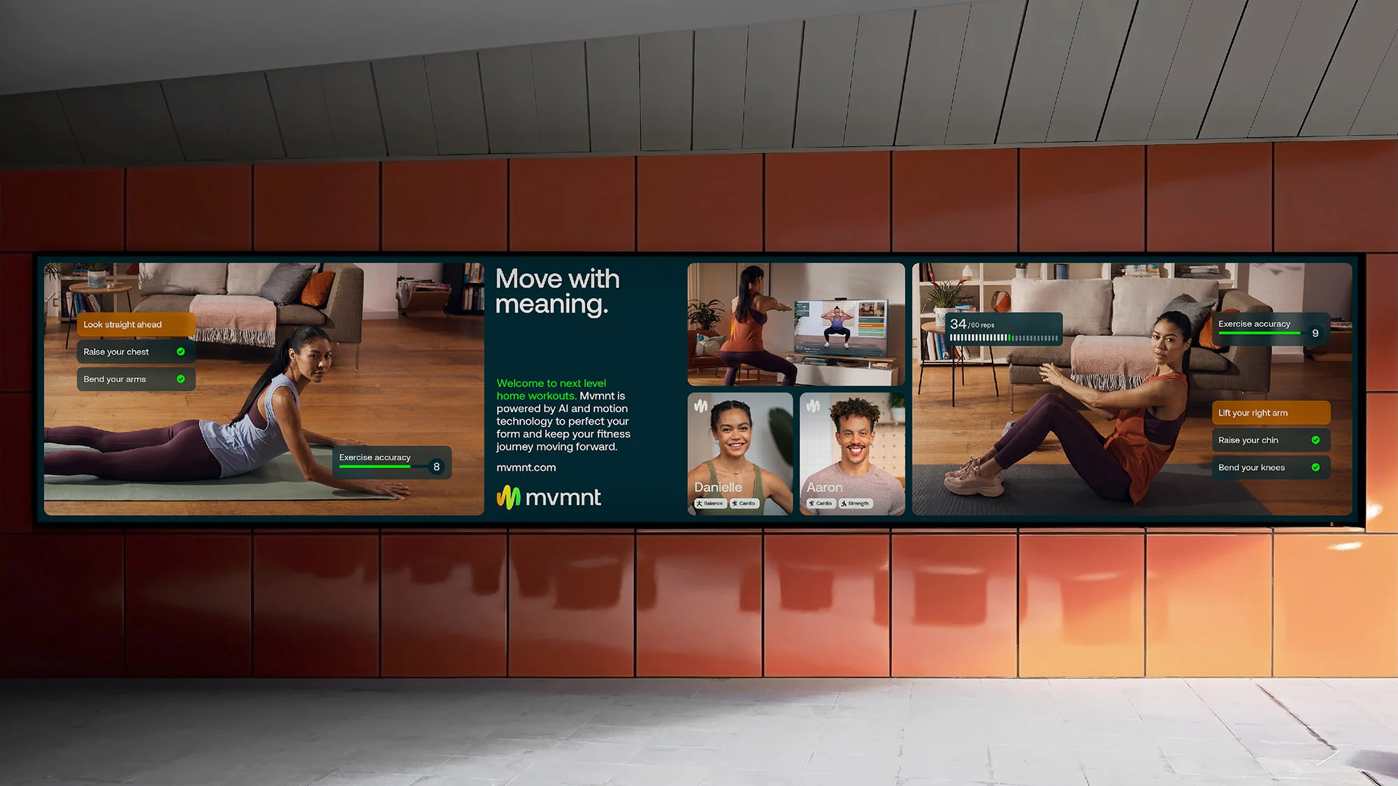 Fitness tech advertisement featuring woman doing floor exercise and interface showing exercise accuracy, set in a modern indoor space.