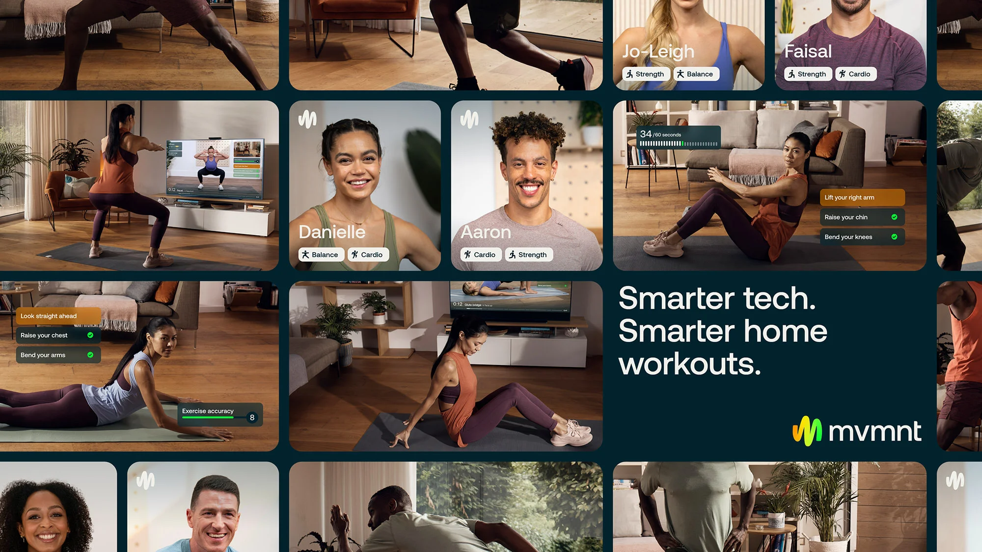 Collage of individuals in home workout settings showcasing a fitness tech platform for virtual exercise, set against a dark teal background.