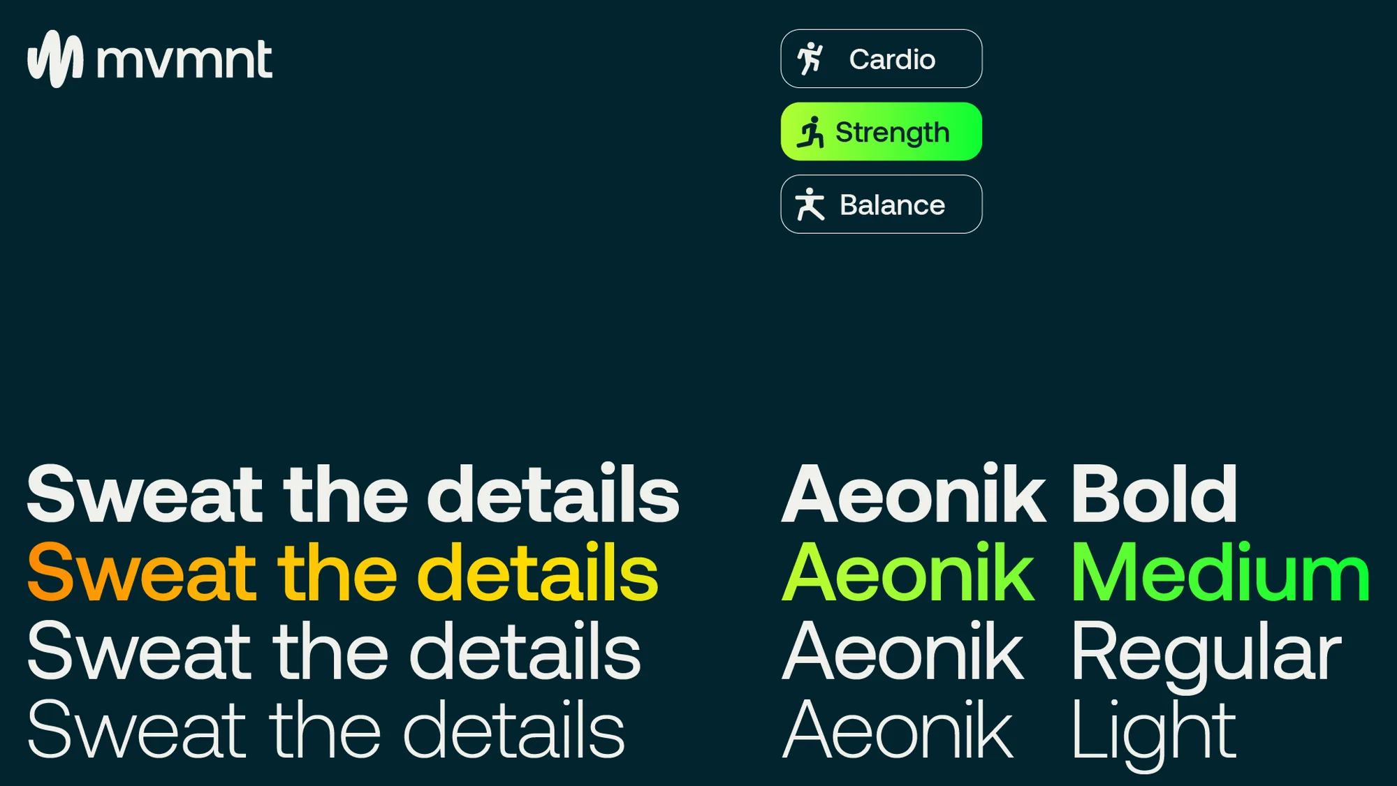 Fitness application UI displaying cardio, strength, and balance exercises, alongside the 'Sweat the details' tagline and font samples.