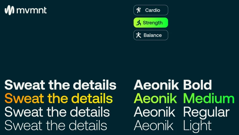 Fitness application UI displaying cardio, strength, and balance exercises, alongside the 'Sweat the details' tagline and font samples.