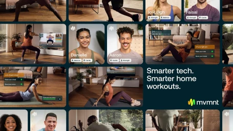 UI interface layout displaying workout app tiles and instructors with text Smarter tech, smarter home workouts by Mvmnt