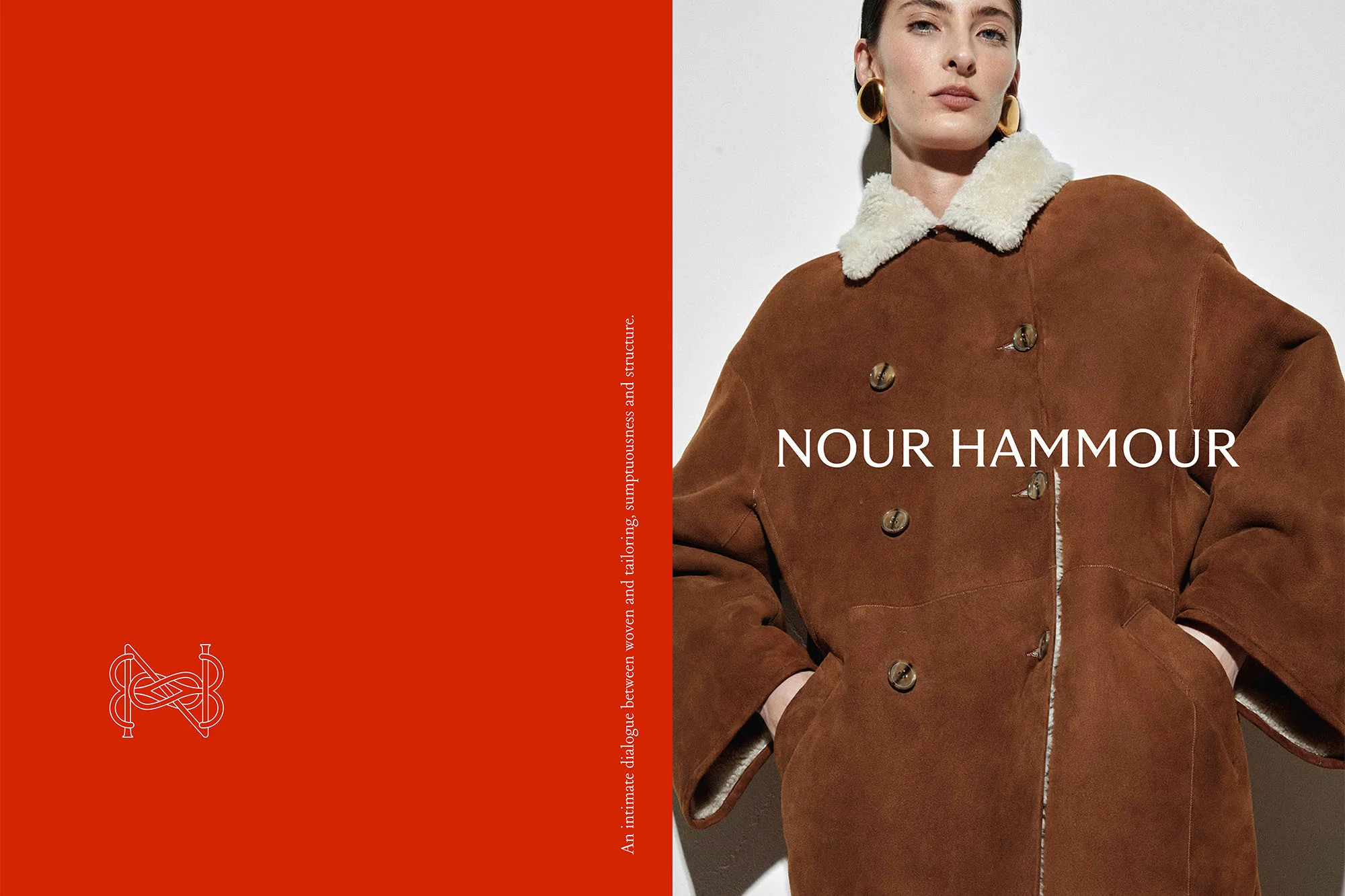 Fashion editorial featuring a woman in a brown oversized shearling coat, gold hoop earrings, against a split orange and white background.