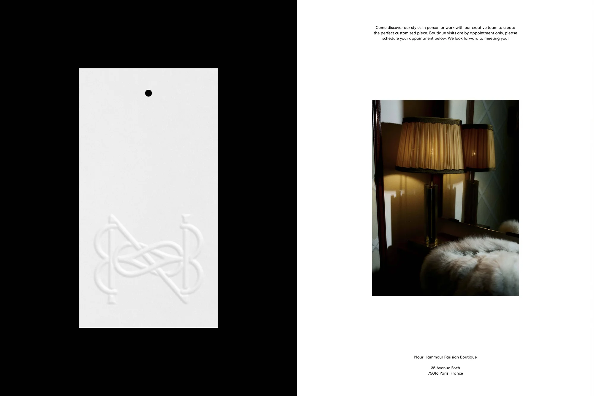 Promotional image featuring a white product tag with an embossed logo next to two lamps set on a vanity in an indoor setting.