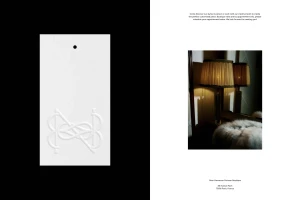 Minimalist brand identity layout featuring an embossed logo on white tag and an interior lamp photo