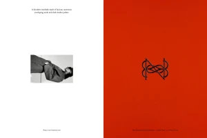 Spread design featuring a small monochrome image of a model in outerwear on the left and a red page with a black monogram logo on the right.