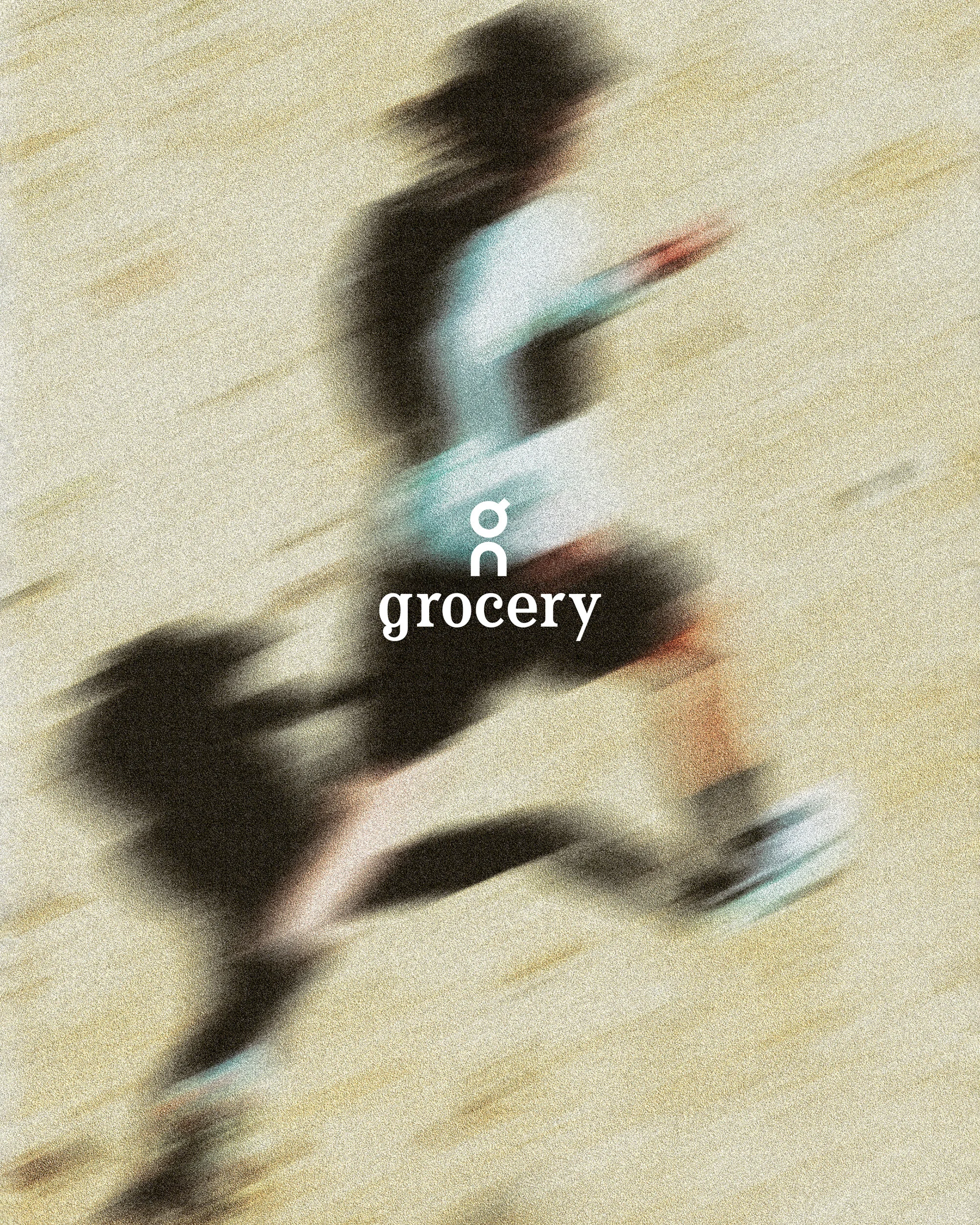 Blurred motion shot of an adult running on a tan surface, wearing athletic shoes and a white top, under the brand name 'grocery'.