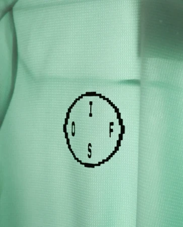 Close-up of a light green shirt with a black graphic oval with the letters I, F, S, and O arranged inside the oval.