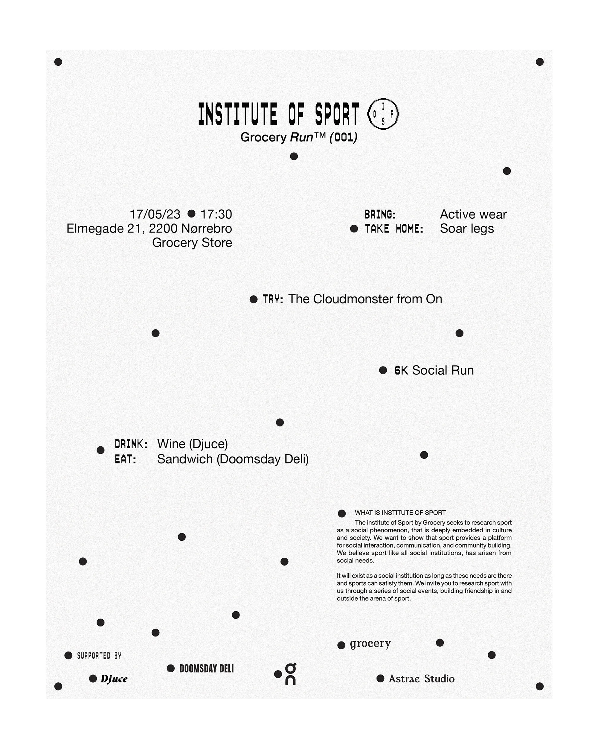 Event poster for an Institute of Sport 'Grocery Run,' with date, time, location, and a few other details listed on a white background.