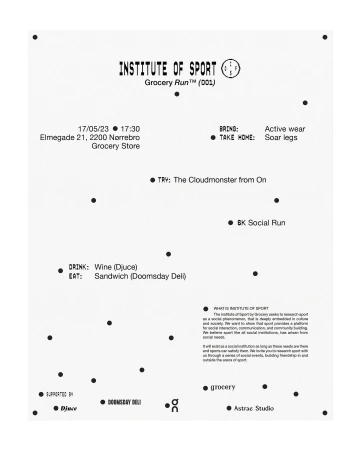 Event poster for an Institute of Sport 'Grocery Run,' with date, time, location, and a few other details listed on a white background.