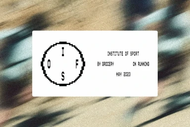 A pixelated circular graphic emblem alongside monospace typography reading Institute of Sport by Grocery On Running May 2023.