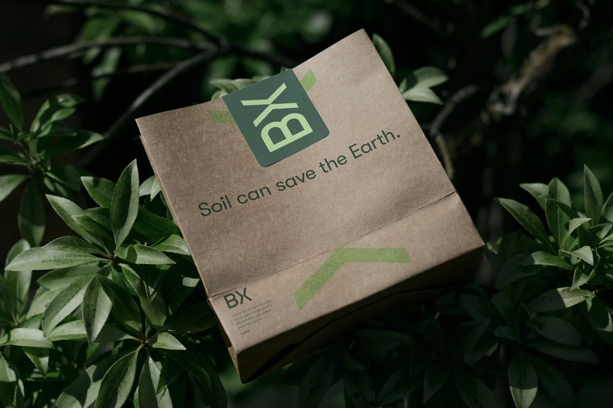Brown paper bag with 'Soil can save the Earth' text, nestled among lush green leaves, promoting eco-friendly soil solutions.