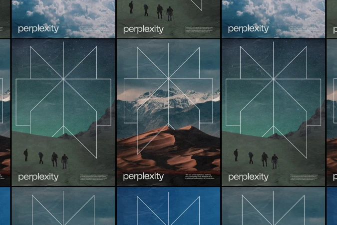 Abstract posters featuring landscape photography, geometric overlays, and the word 'perplexity' in a modern, minimalist design.