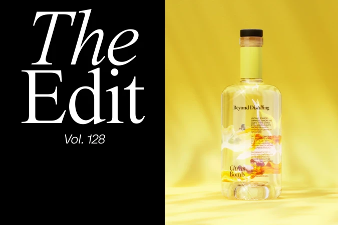 A transparent glass liquor bottle with yellow label is spotlighted on a gradient yellow background. Black and white text appears on the left.