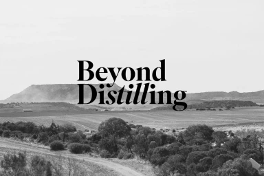 Black and white landscape view featuring distant hills and low trees with large serif typography overlaid reading Beyond Distilling