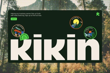 Digital brand identity design featuring bold typography and round badge illustrations over a textured forest background