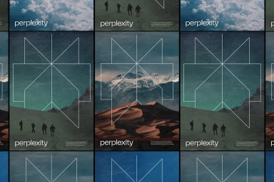 Graphic brand identity layout featuring geometric white line overlays on landscape photography and typography.
