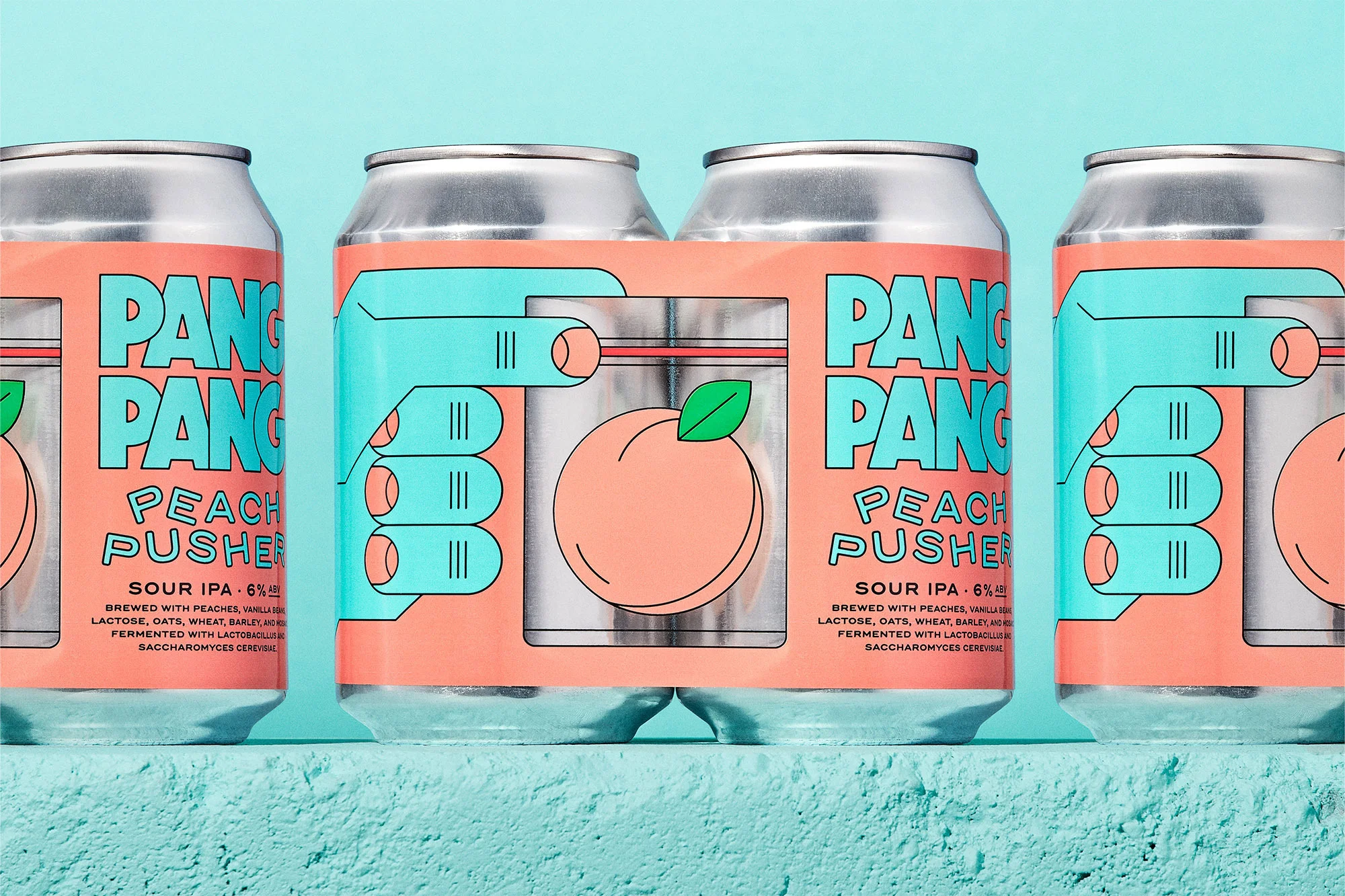 Four beverage cans with a peach design and stylized turquoise hand holding a peach. Pang Pang Peach Pusher Sour IPA.