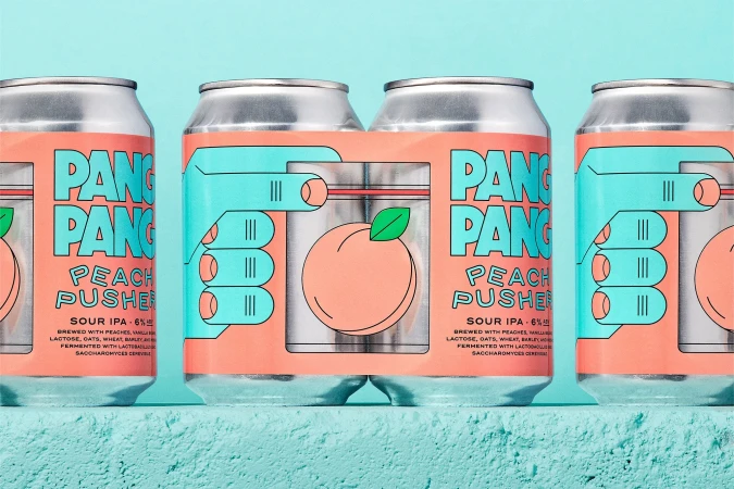 Four beverage cans with a peach design and stylized turquoise hand holding a peach. Pang Pang Peach Pusher Sour IPA. 