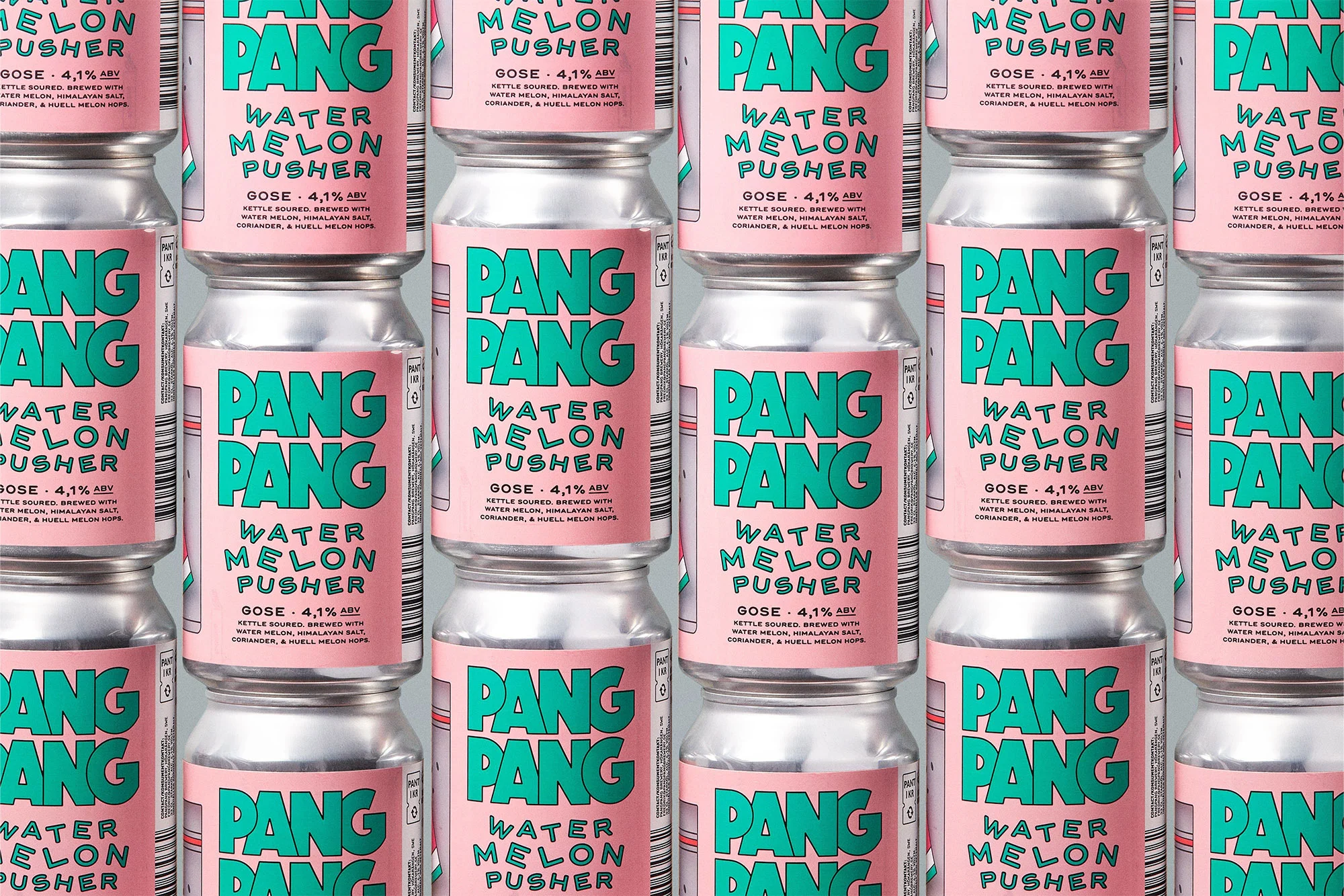 Stack of Pang Pang Watermelon Pusher Gose cans featuring a pink label with teal lettering, creating a vibrant, repeating pattern.