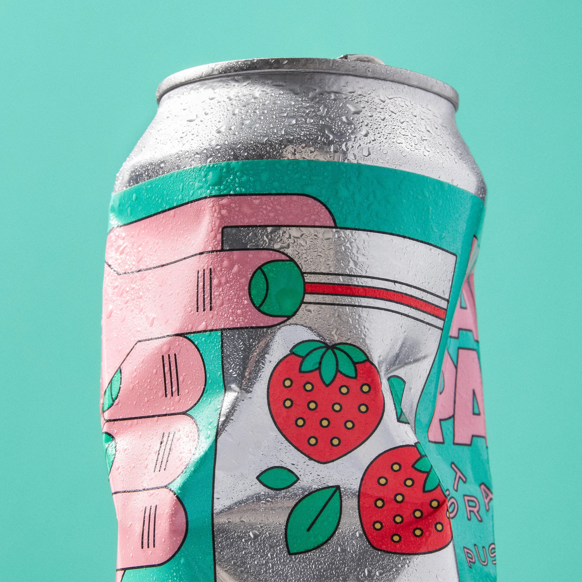 Crushed silver can of sparkling strawberry drink with condensation and a graphic of a hand holding the can, set against a blue background.