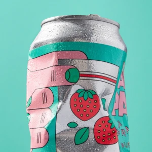 Close-up of a crushed aluminium beverage can with water droplets against a solid turquoise background.