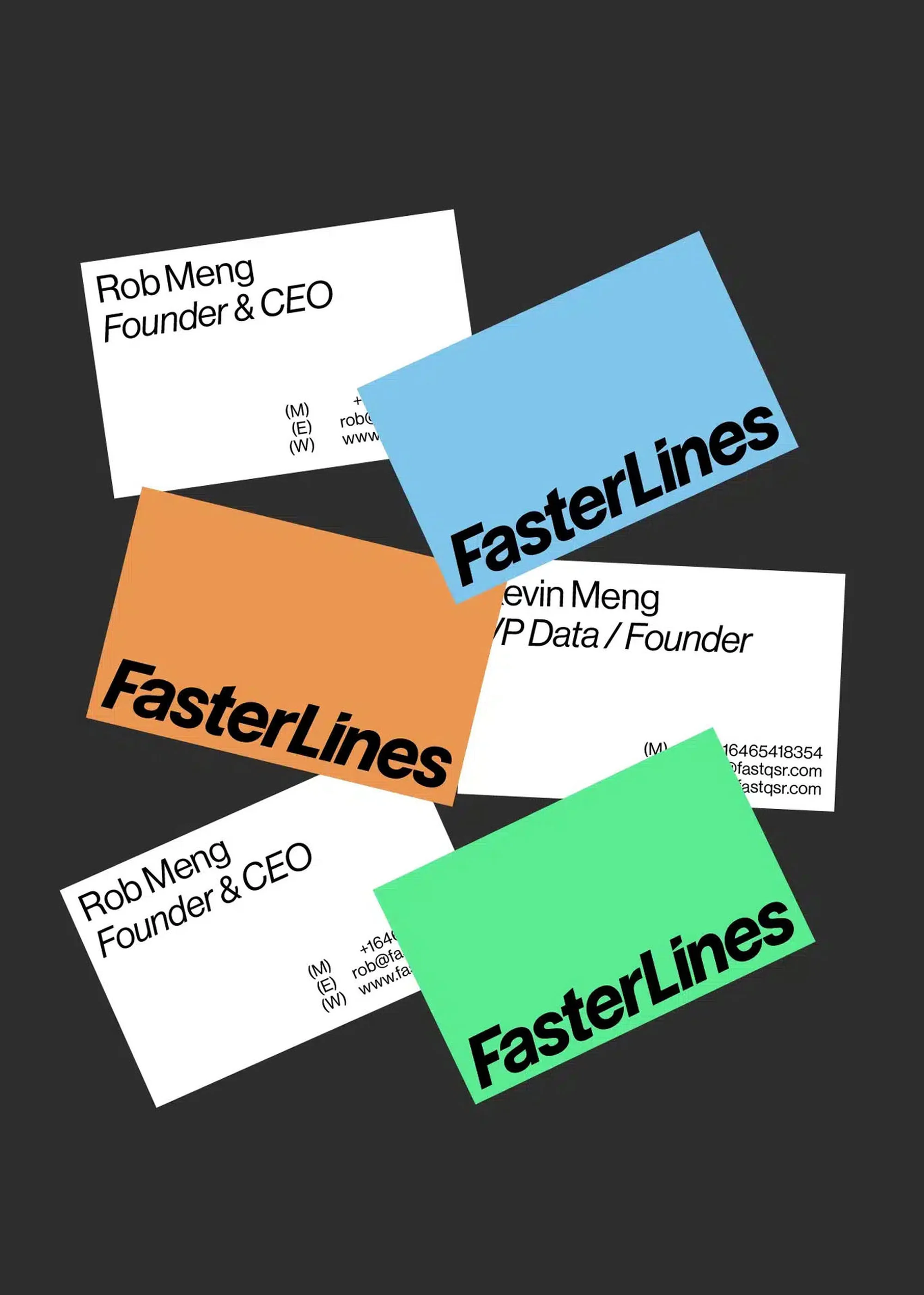 Business cards displaying the 'FasterLines' logo and contact information for Rob Meng and Kevin Meng against a dark gray backdrop.