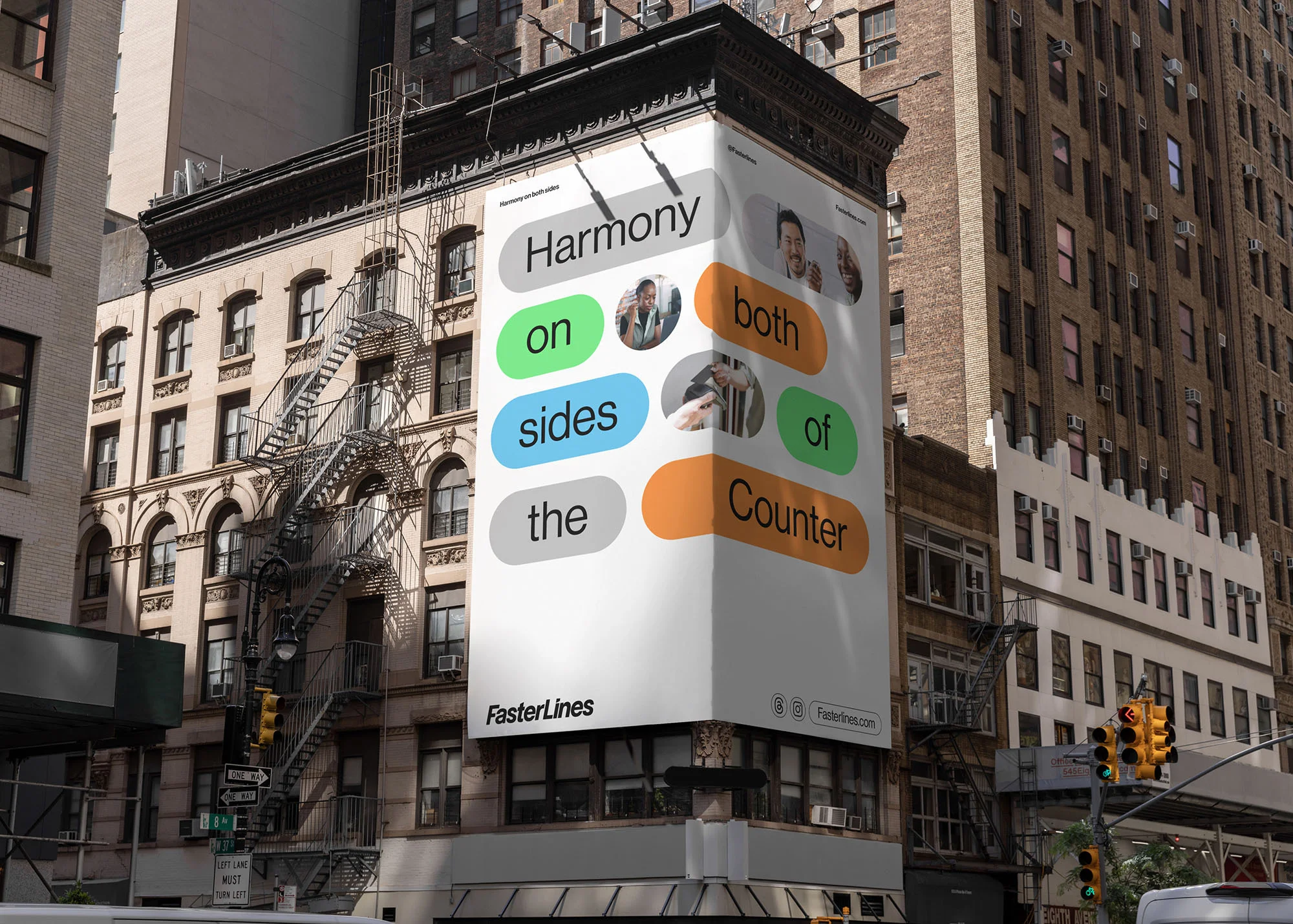 Billboard advertising FasterLines on a building in a city. The ad features images of people in rounded text bubbles.