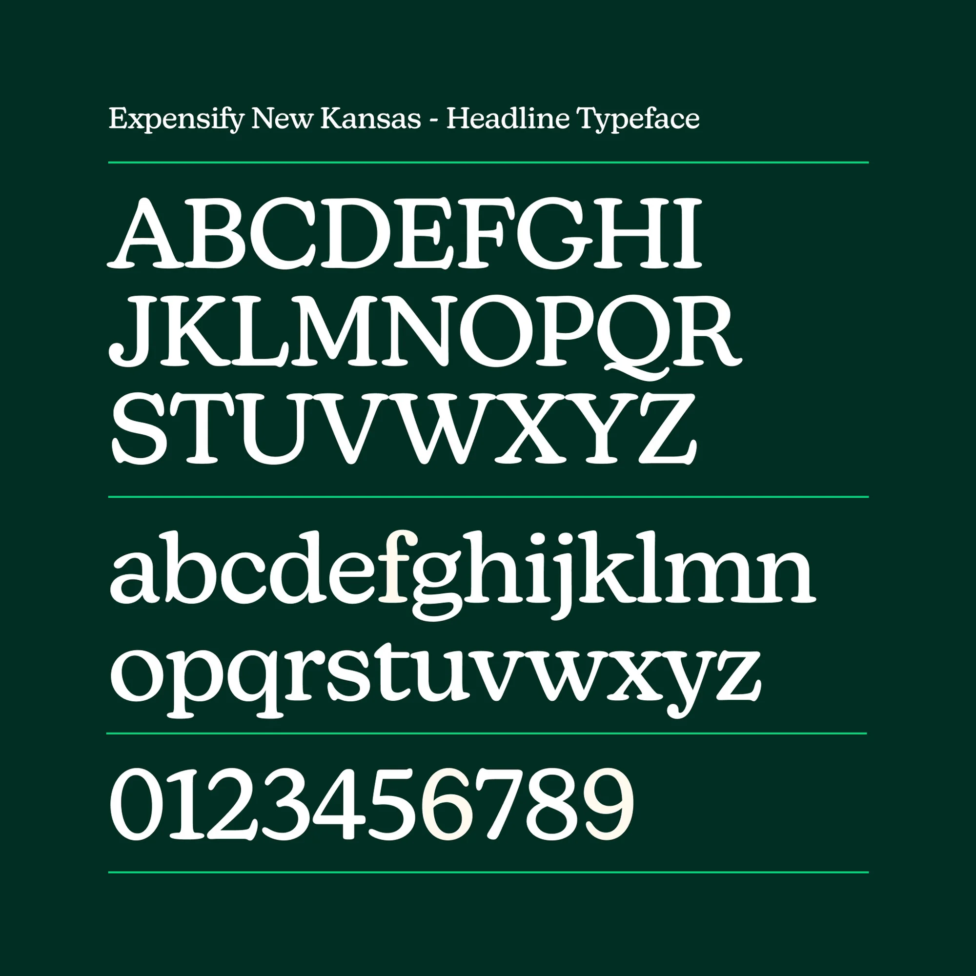 A visual representation showcases the 'Expensify New Kansas' headline typeface, featuring uppercase, lowercase letters, and numerals on green.