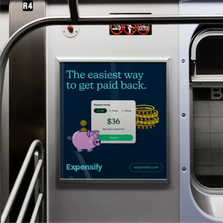 Subway advertisement for Expensify featuring a pink piggy bank and stacks of gold coins, promoting easy reimbursement.