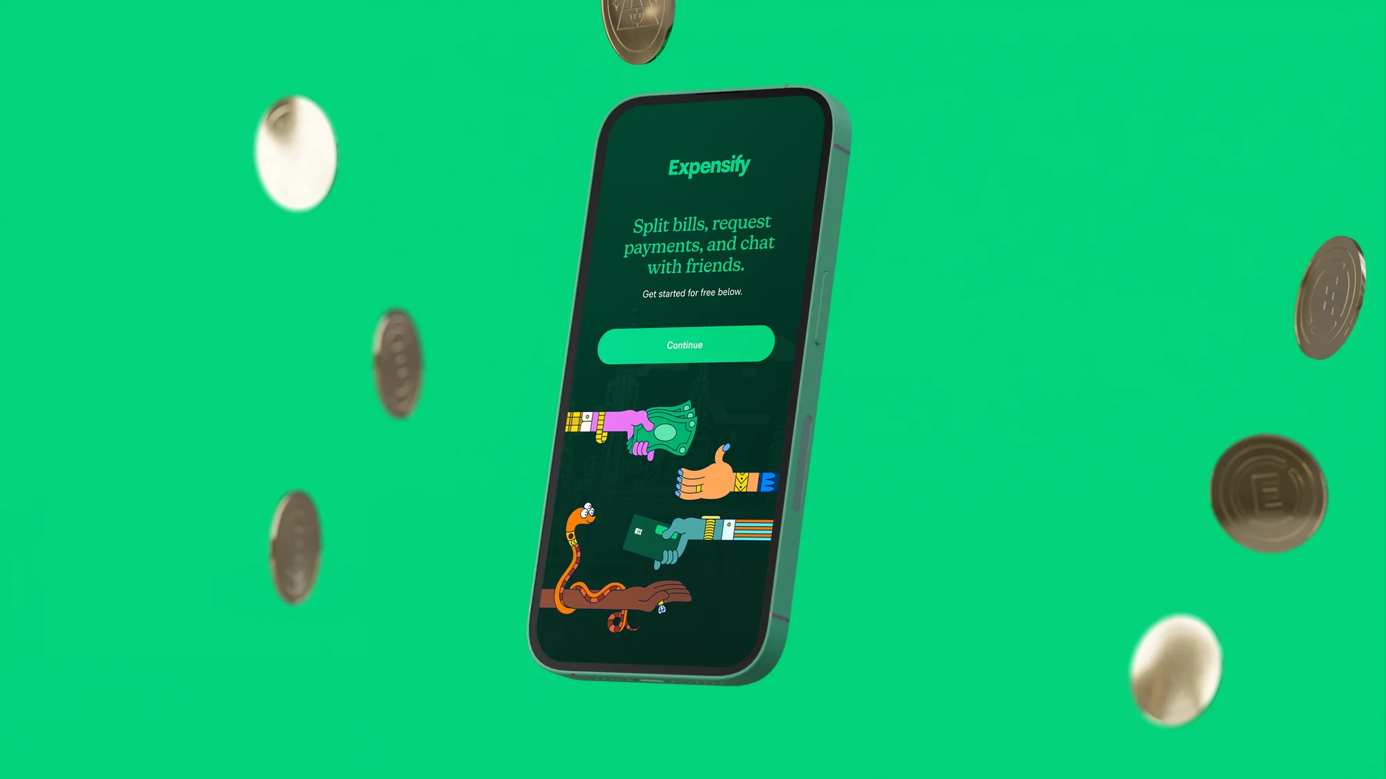 Digital advertisement showcasing the Expensify app on a smartphone, with animated coins falling against a bright green background.