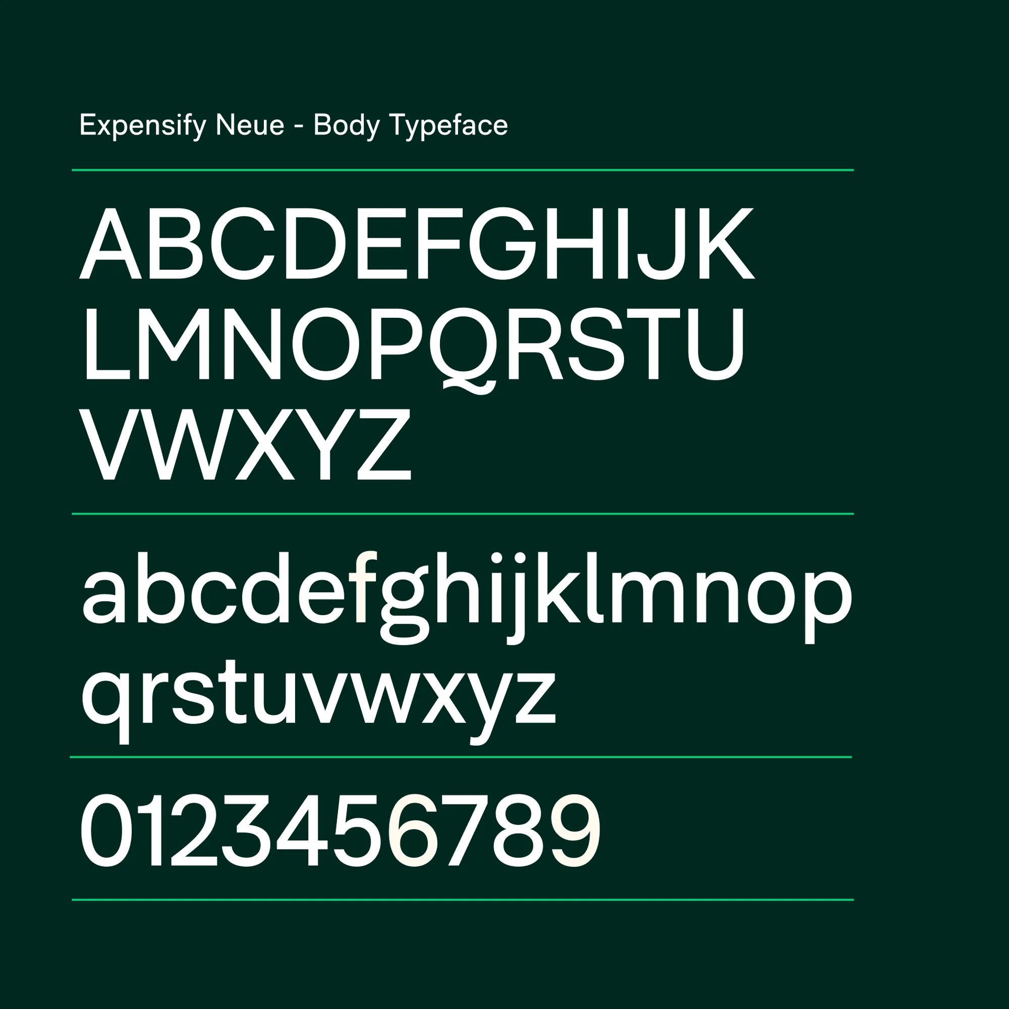 White uppercase and lowercase alphabet letters and numbers 0-9 are displayed on a dark green background with horizontal lines.