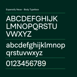 Expensify Neue body typeface specimen showcasing uppercase and lowercase white letters and numbers on a dark green background.