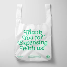 White plastic shopping bag with green printed typography reading Thank You for Expensing With us on grey seamless background