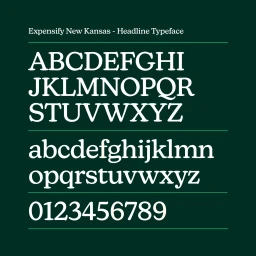 Expensify New Kansas headline typeface specimen showing uppercase, lowercase letters and numbers on a dark green background